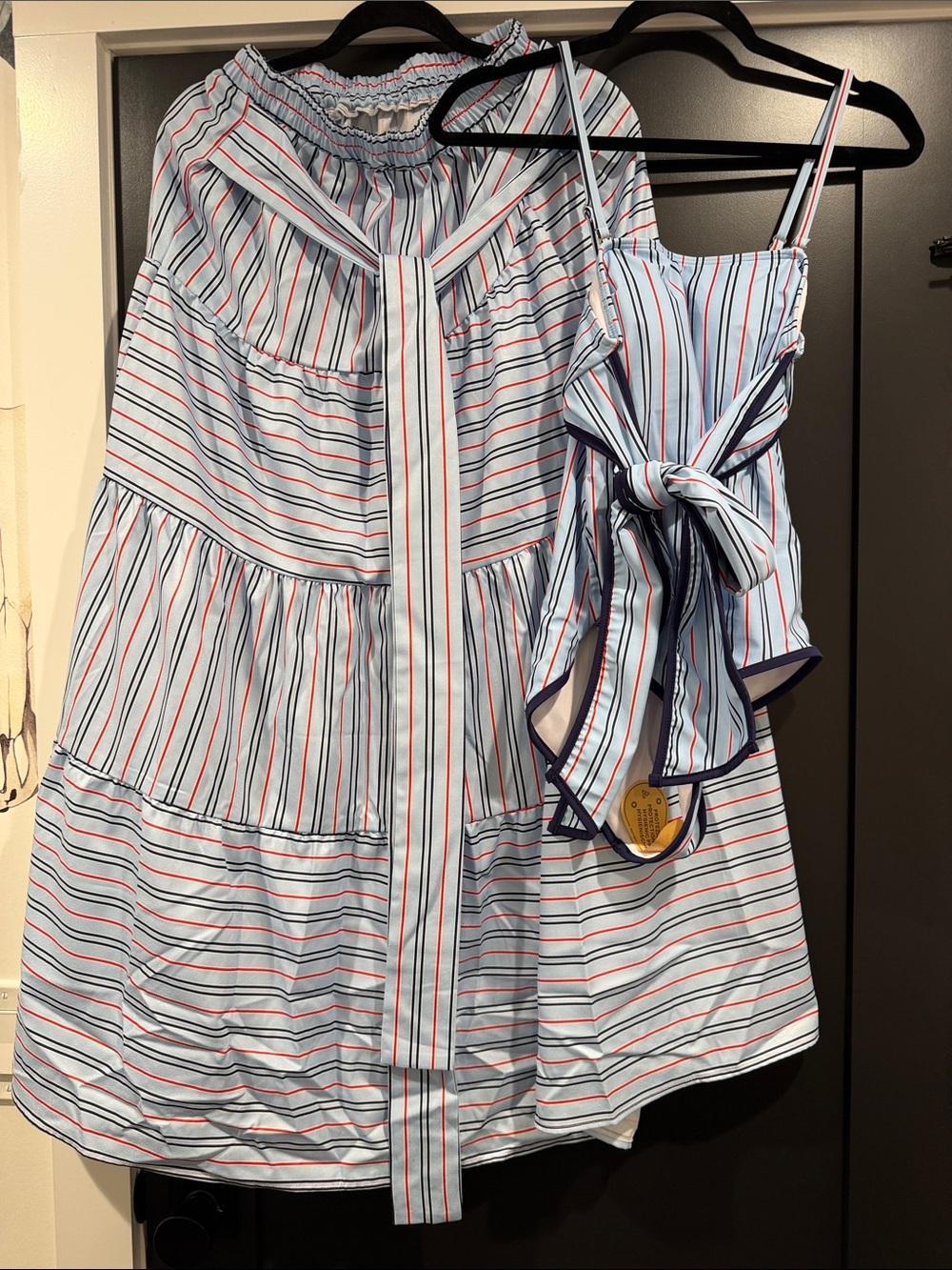 Striped Blue & Red Women’s Bathing Suit & Skirt with Bow Accent
